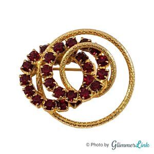 Vintage Double Circles Spiral Red Rhinestones Gold Tone Brooch
